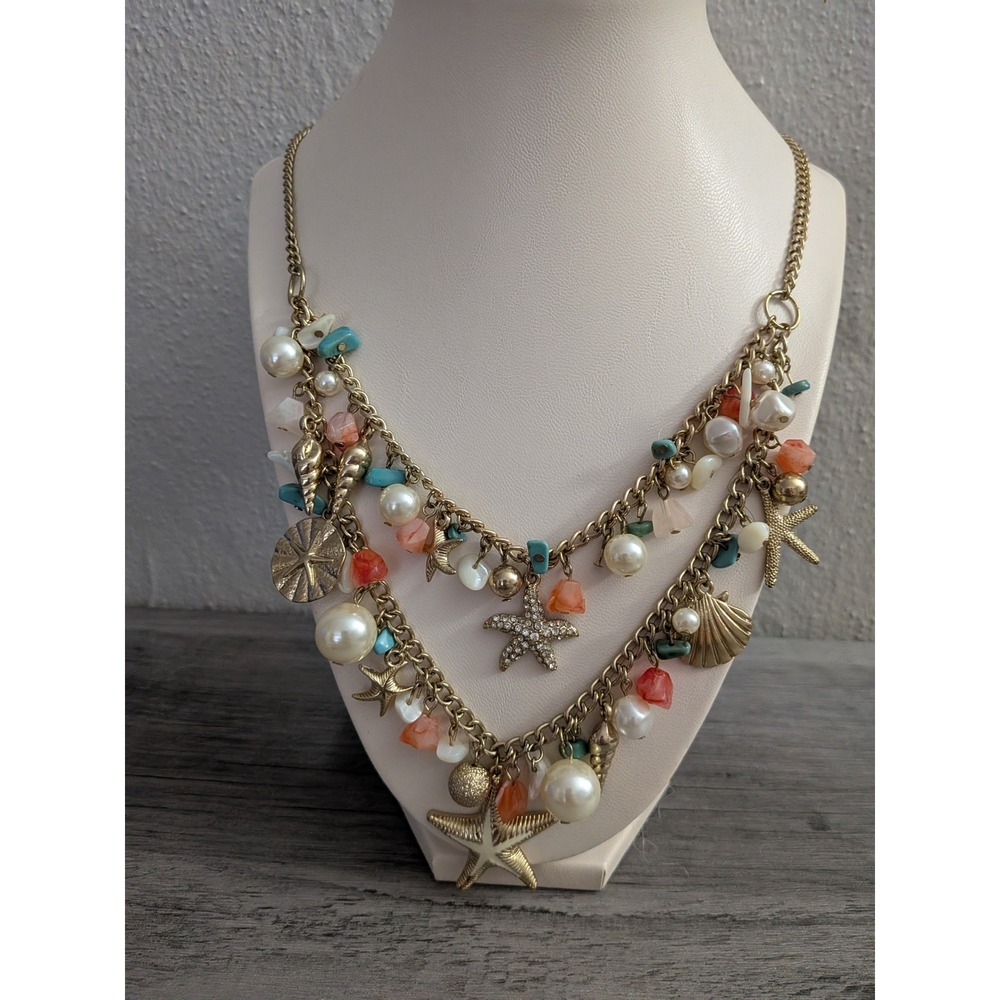 Gold Tone Multi Strand Nautical Starfish Shell Pearl Statement Necklace Boho